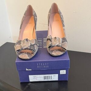 Stuart Weitzman Snakeskin Peep Toe Heels - Tan and Black